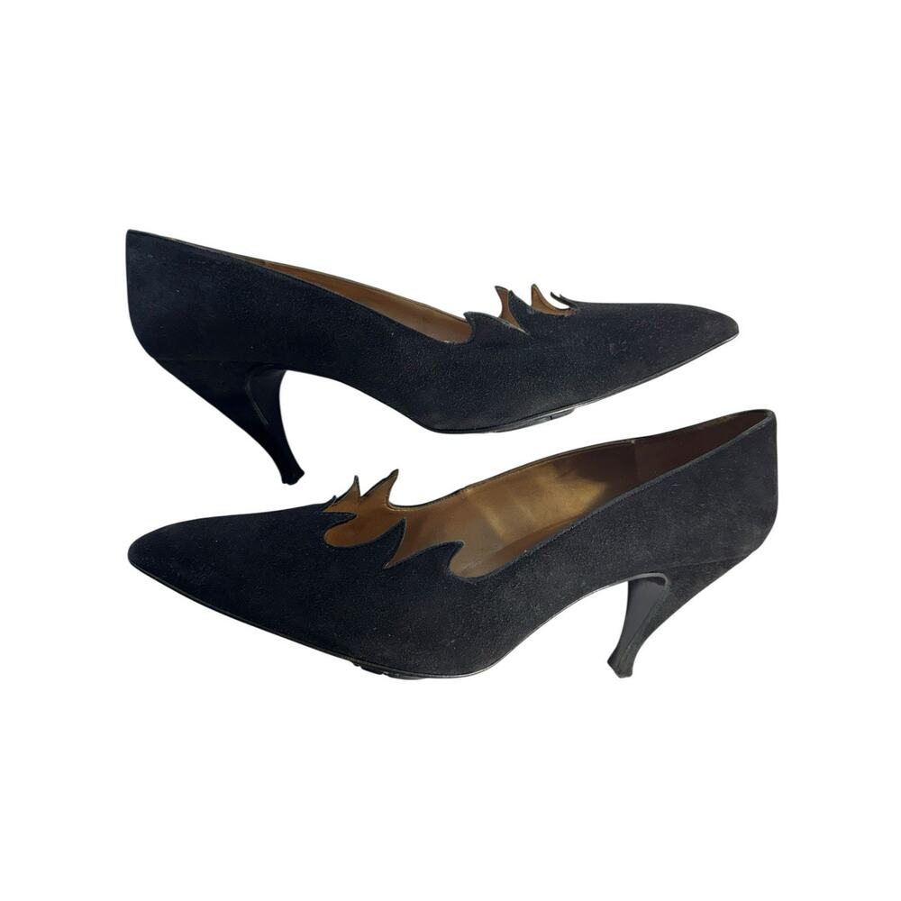 Vintage Timothy Hitsman Women Suede Leather Heels Scalloped Waves Black 6.5M - Picture 2 of 14
